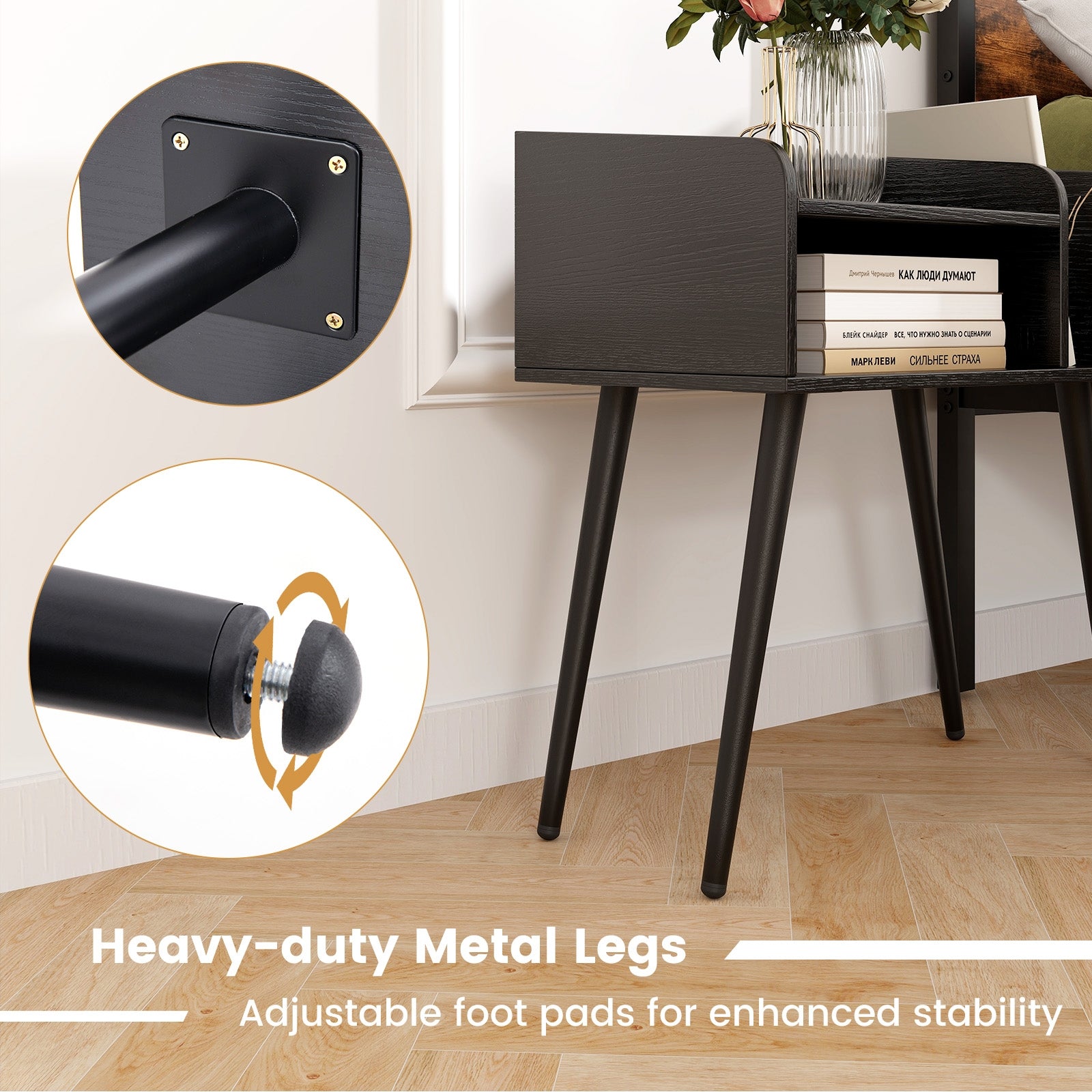 Mid Century Modern Nightstand with Open Shelves, Black Nightstands at Gallery Canada