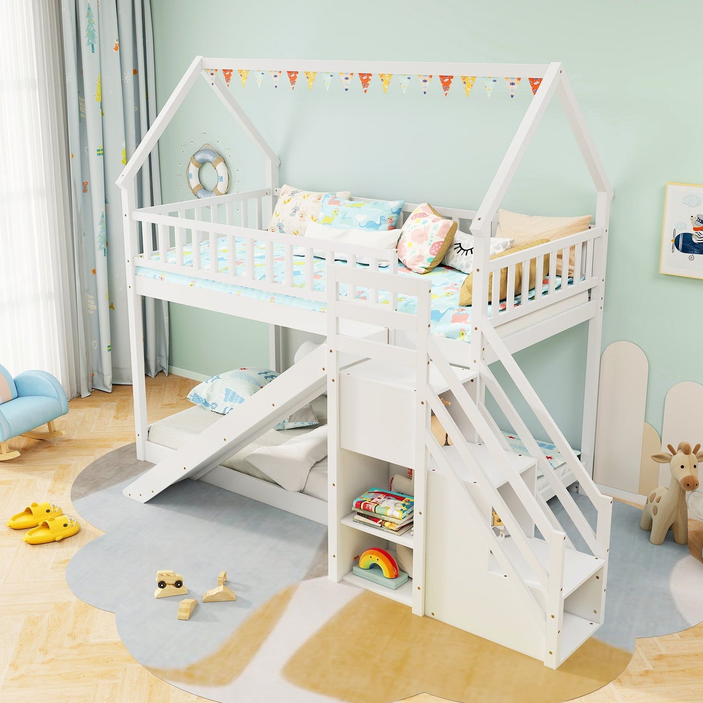 Twin Over Twin Bunk Bed with Slide and Staircase, White Bunk Bed Frame   at Gallery Canada