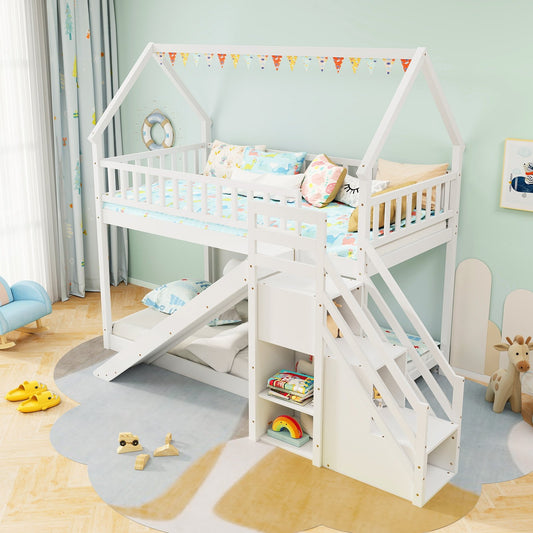 Twin Over Twin Bunk Bed with Slide and Staircase, White Bunk Bed Frame White  at Gallery Canada