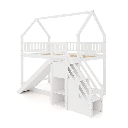 Twin Over Twin Bunk Bed with Slide and Staircase, White Bunk Bed Frame White  at Gallery Canada