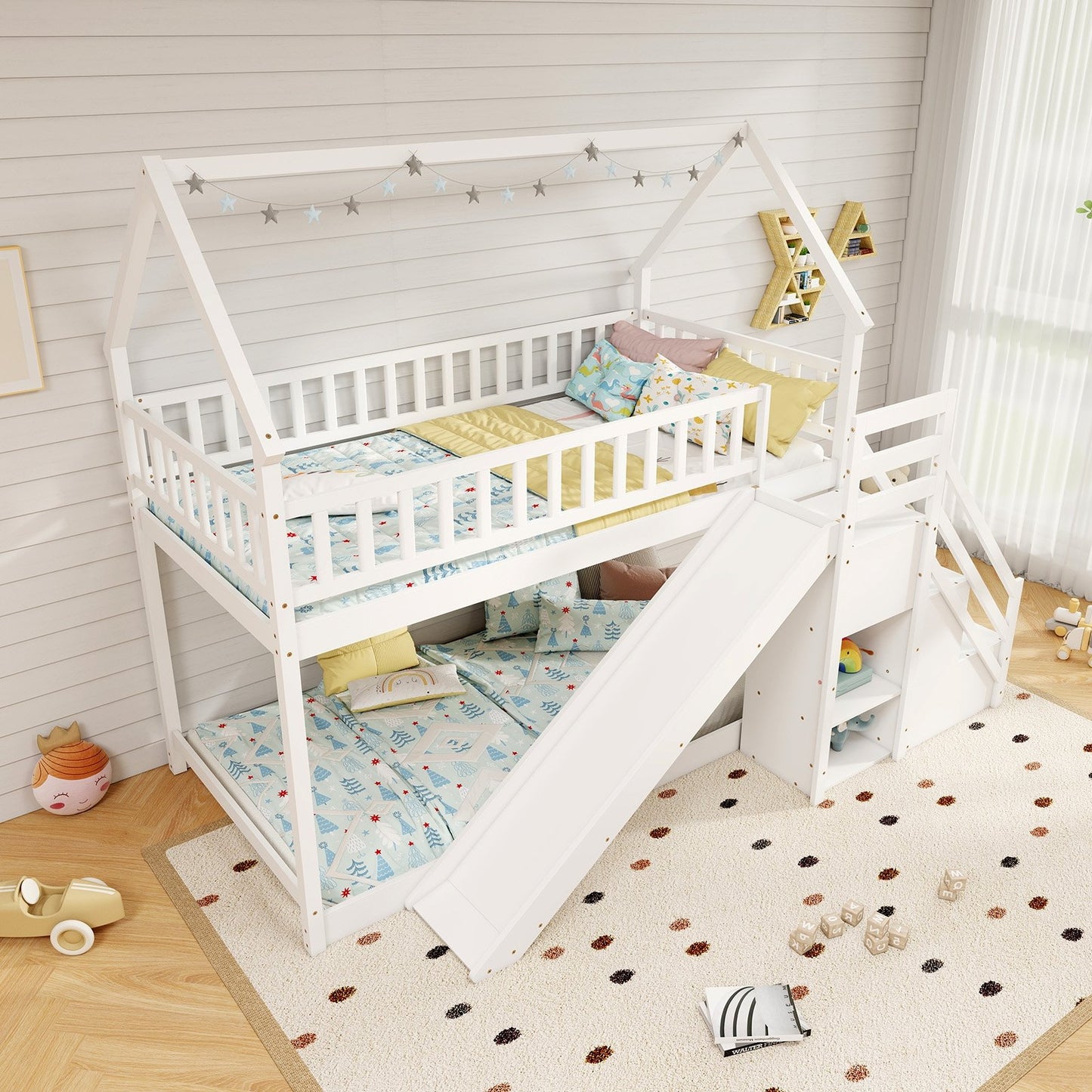 Twin Over Twin Bunk Bed with Slide and Staircase, White Bunk Bed Frame   at Gallery Canada