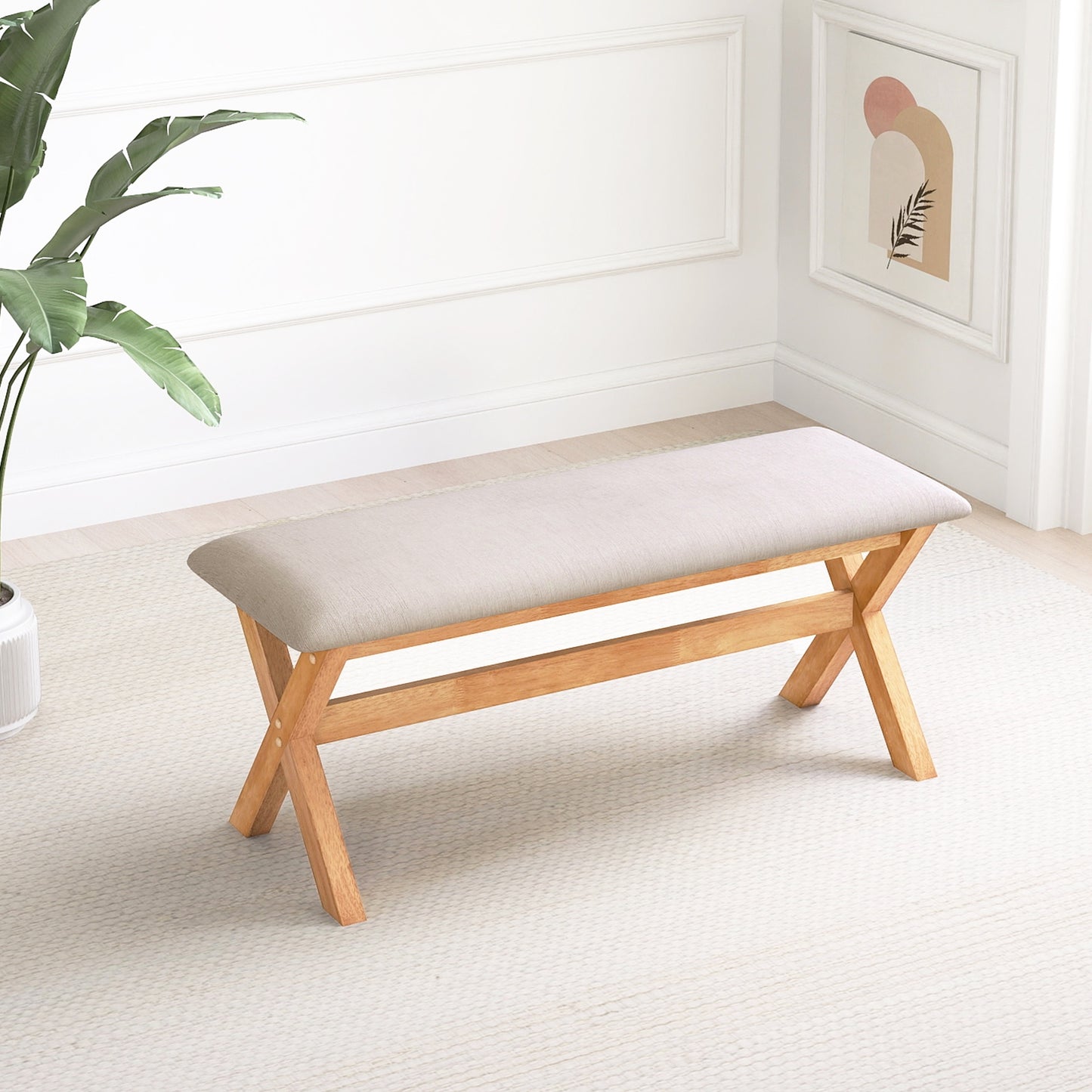 Upholstered Entryway Bench Rubber Wood Bench with Thick Padded Seat, Natural Shoe Racks & Storage Benches   at Gallery Canada