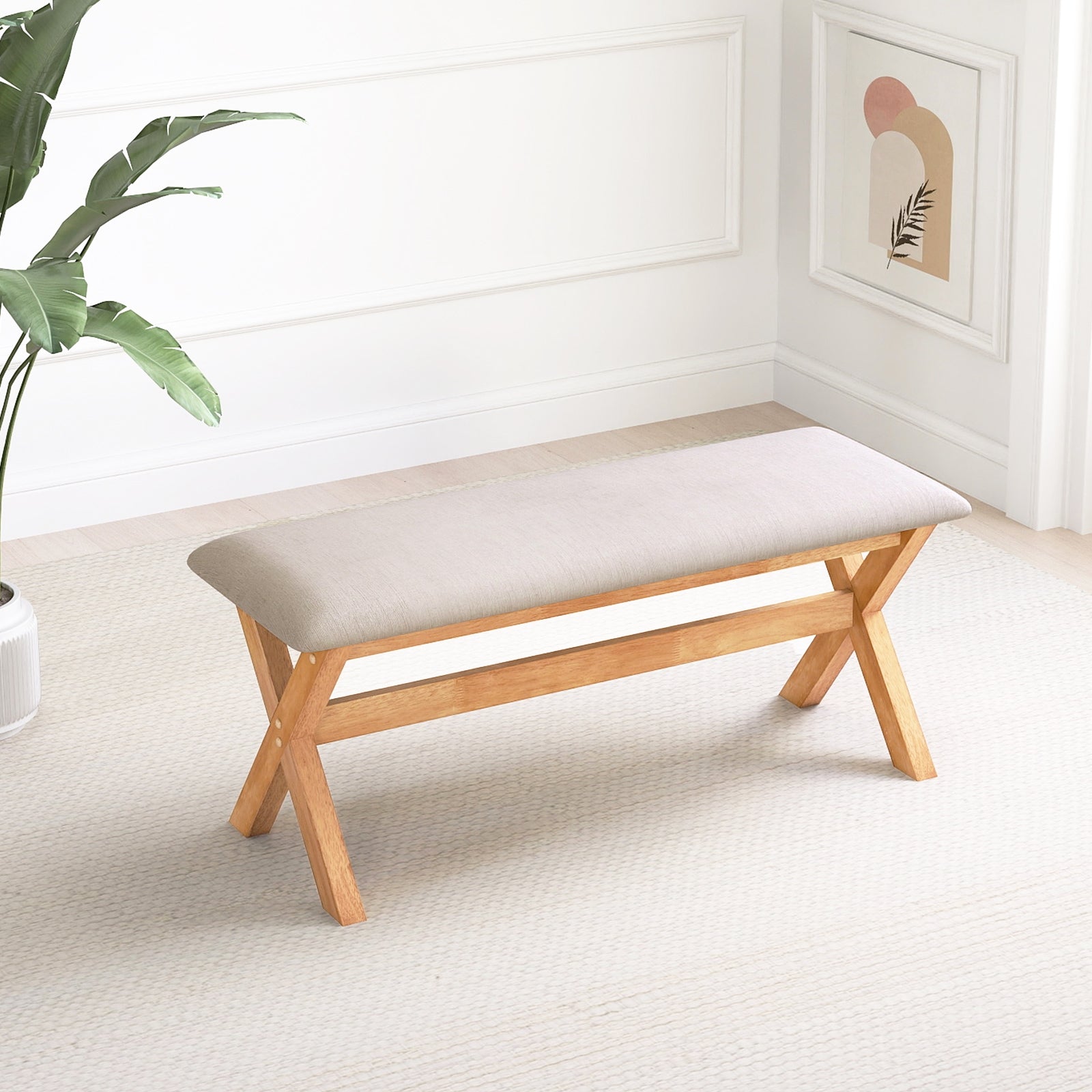 Upholstered Entryway Bench Rubber Wood Bench with Thick Padded Seat, Natural Shoe Racks & Storage Benches   at Gallery Canada