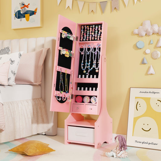 Freestanding Kids Jewelry Armoire Cabinet with Storage and 2 Tilt Angles, Pink Kids Vanities Pink  at Gallery Canada