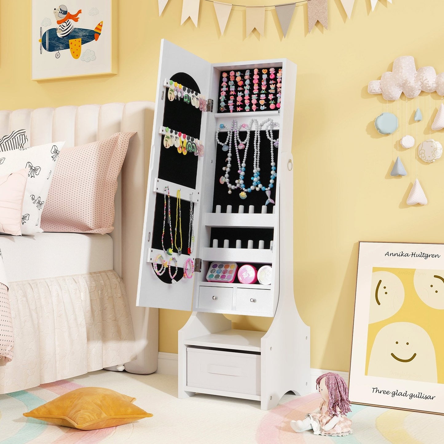 Freestanding Kids Jewelry Armoire Cabinet with Storage and 2 Tilt Angles, White Kids Vanities   at Gallery Canada