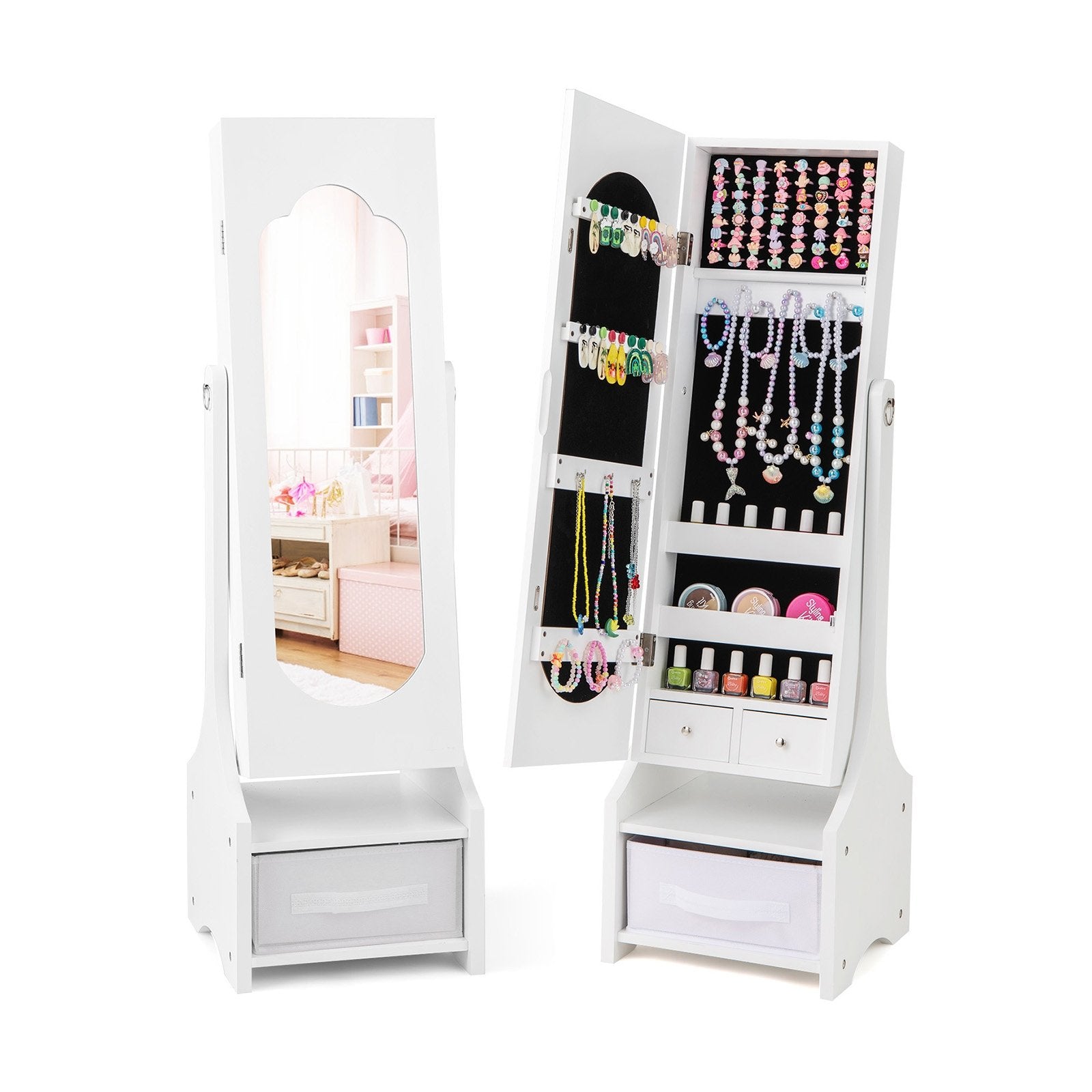 Freestanding Kids Jewelry Armoire Cabinet with Storage and 2 Tilt Angles, White Kids Vanities White  at Gallery Canada