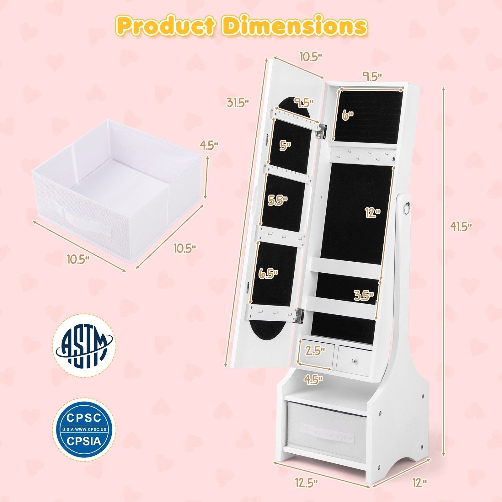 Freestanding Kids Jewelry Armoire Cabinet with Storage and 2 Tilt Angles, White Kids Vanities   at Gallery Canada