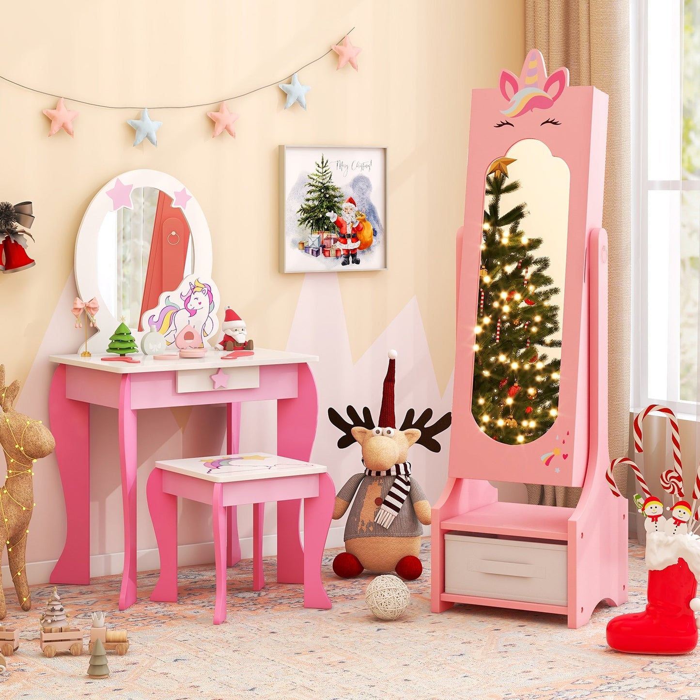 Kids Jewelry Cabinet with Full-Length Mirror for Kids Bedroom and Playroom, Pink Kids Vanities   at Gallery Canada