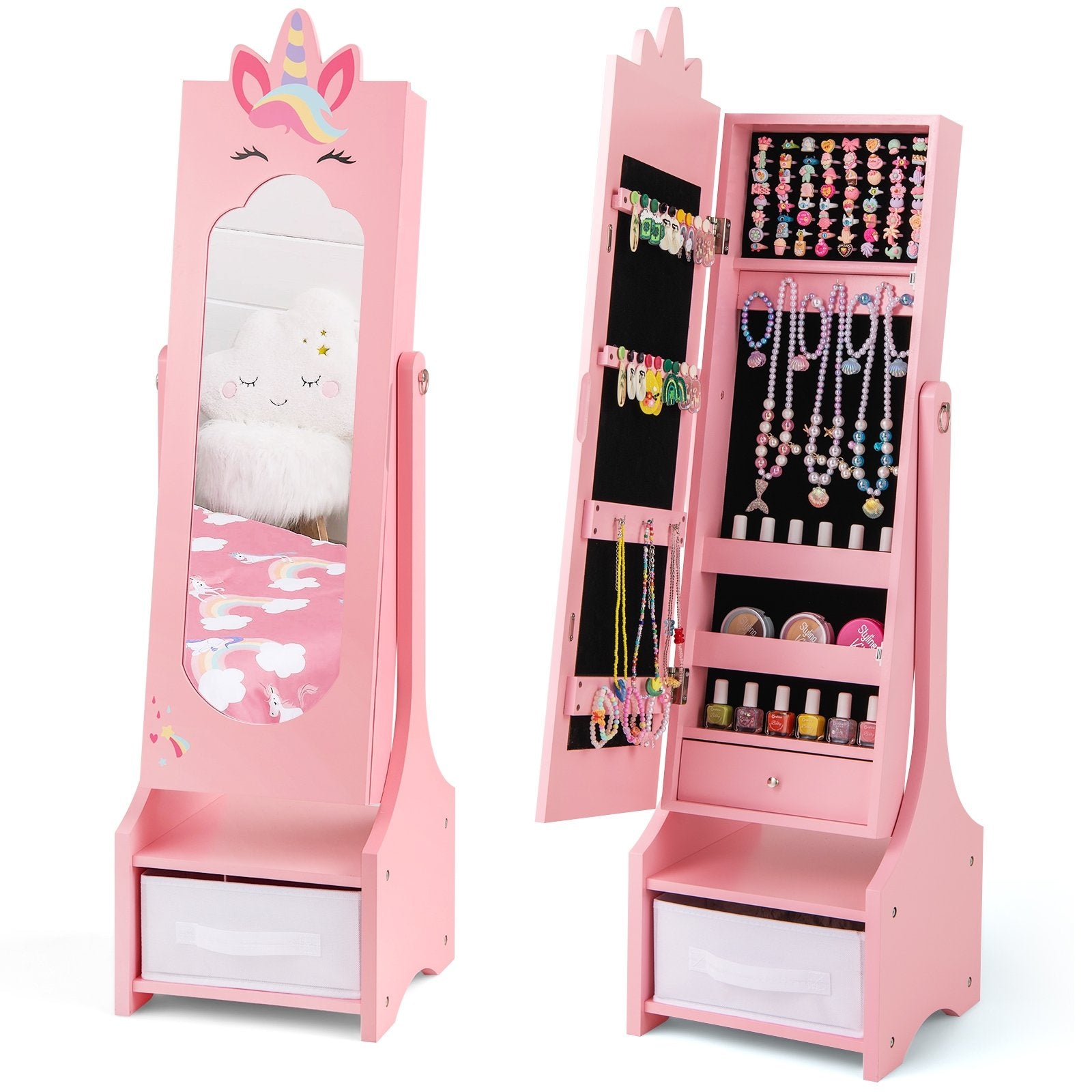 Kids Jewelry Cabinet with Full-Length Mirror for Kids Bedroom and Playroom, Pink Kids Vanities Pink  at Gallery Canada