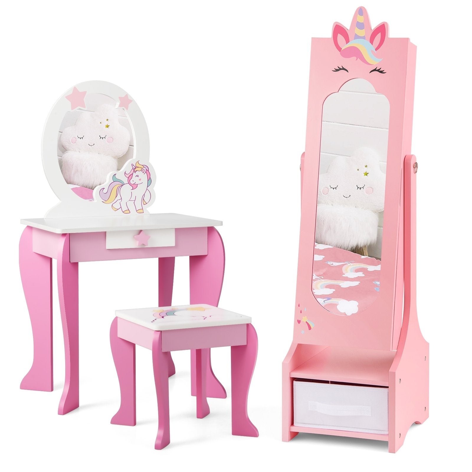 Kids Jewelry Cabinet with Full-Length Mirror for Kids Bedroom and Playroom, Pink Kids Vanities   at Gallery Canada