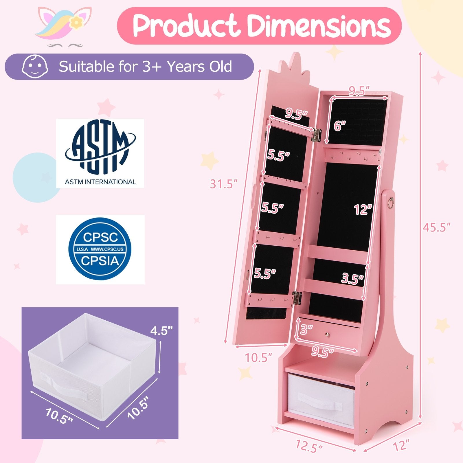 Kids Jewelry Cabinet with Full-Length Mirror for Kids Bedroom and Playroom, Pink Kids Vanities   at Gallery Canada