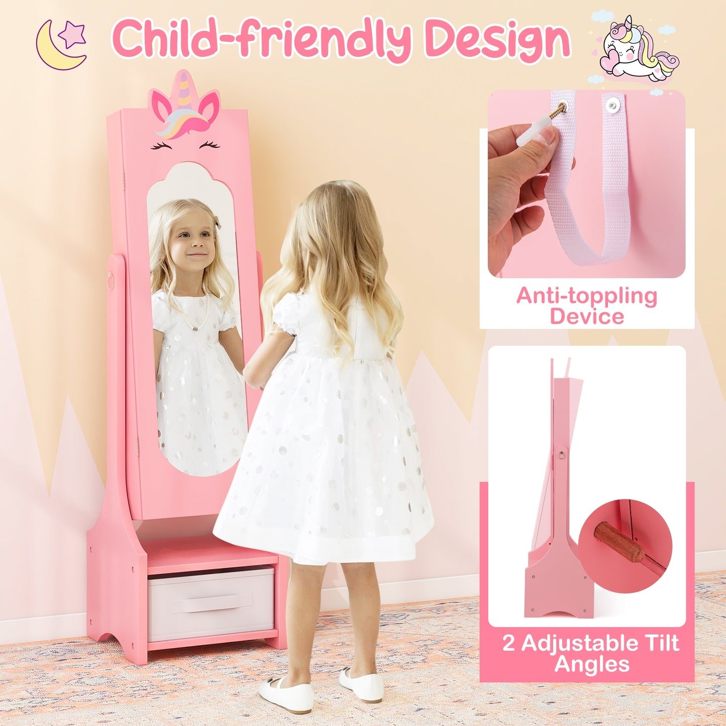 Kids Jewelry Cabinet with Full-Length Mirror for Kids Bedroom and Playroom, Pink Kids Vanities   at Gallery Canada