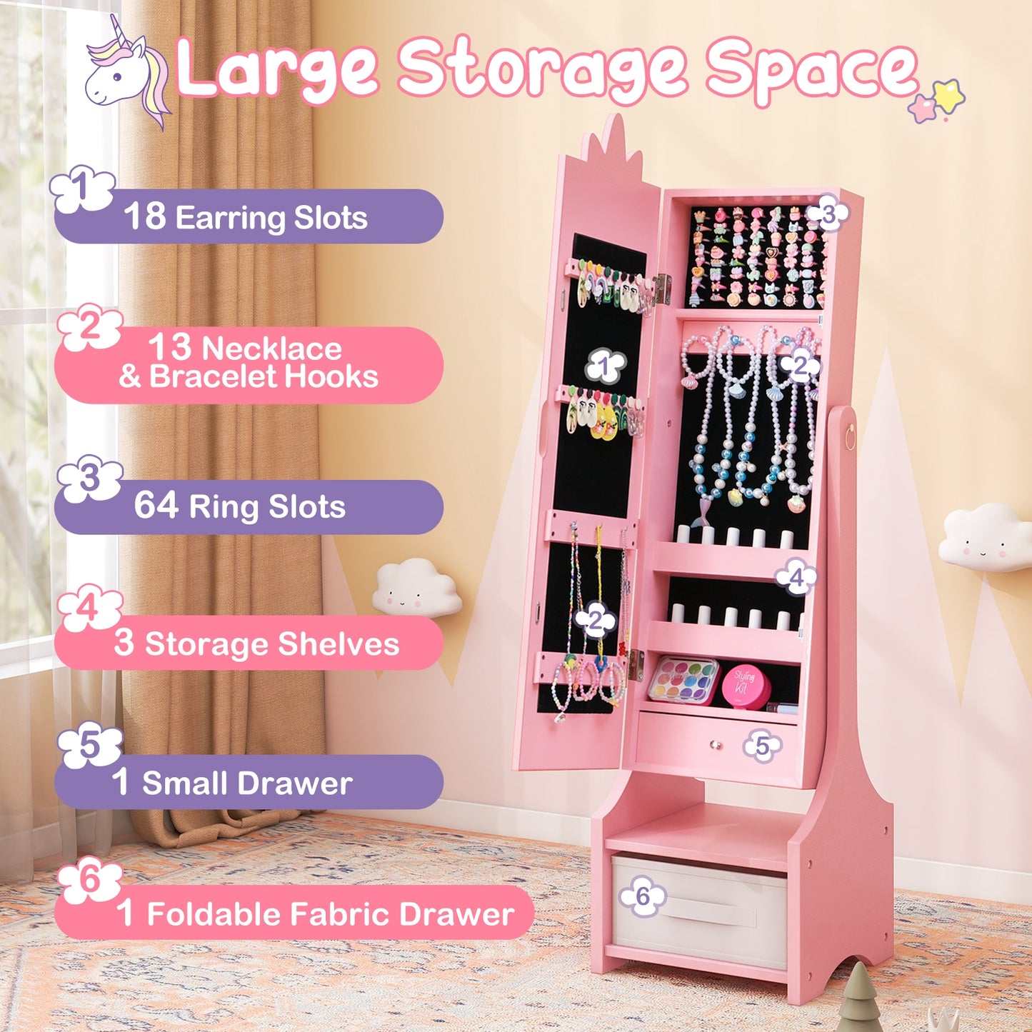 Kids Jewelry Cabinet with Full-Length Mirror for Kids Bedroom and Playroom, Pink Kids Vanities   at Gallery Canada