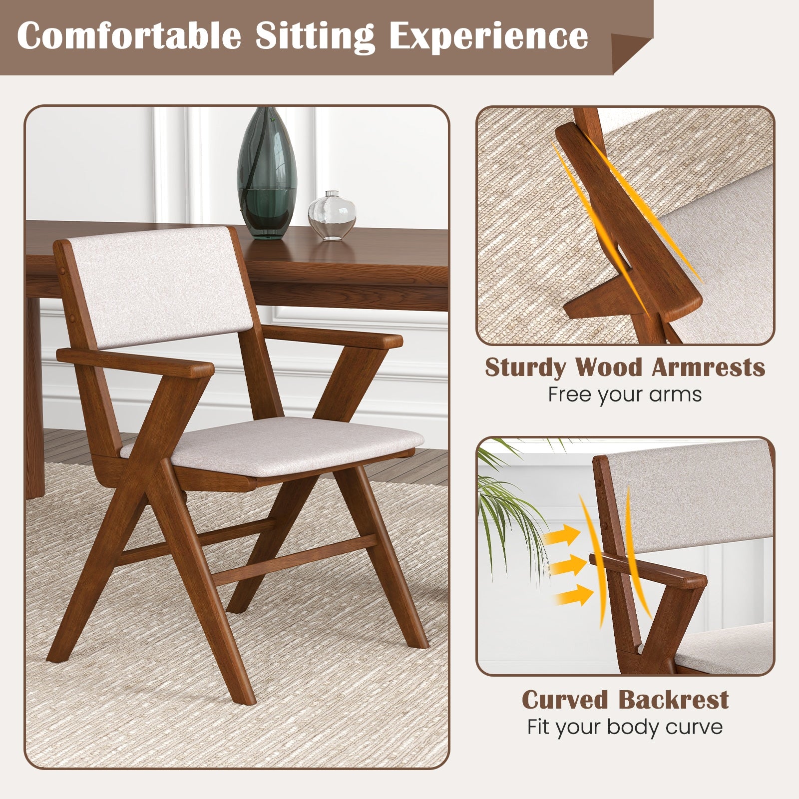 Wooden Dining Chair with Rubber Wood Frame Set of 2, Walnut Dining Chairs   at Gallery Canada