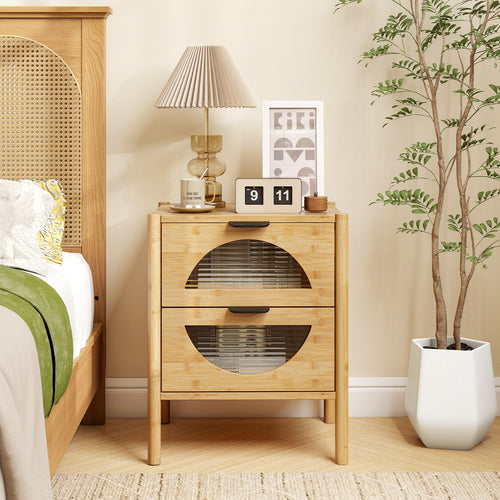 Bamboo Nightstand with 2 Storage Drawers and Reeded Tempered Glass Fronts, Natural