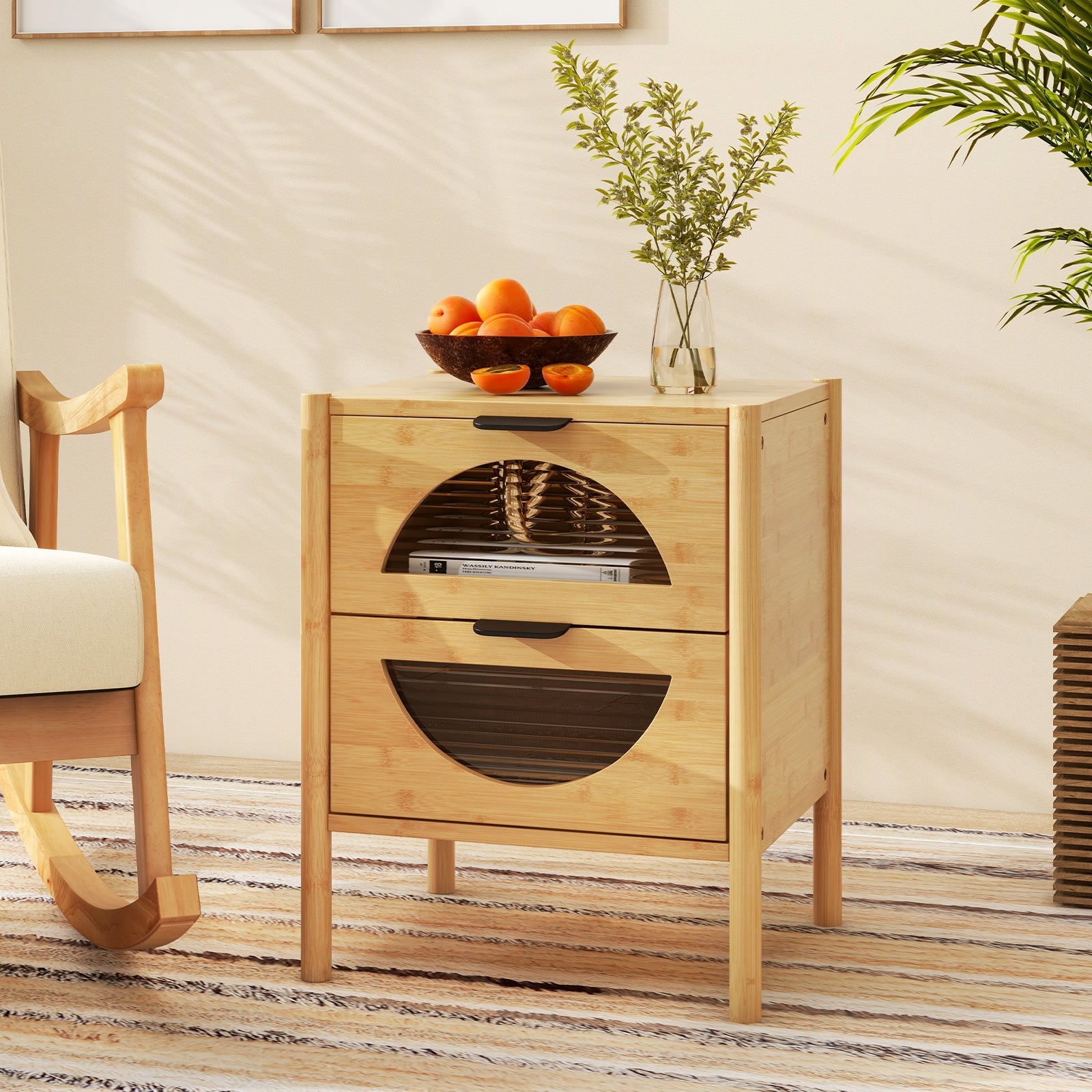 Bamboo Nightstand with 2 Storage Drawers and Reeded Tempered Glass Fronts, Natural Nightstands at Gallery Canada