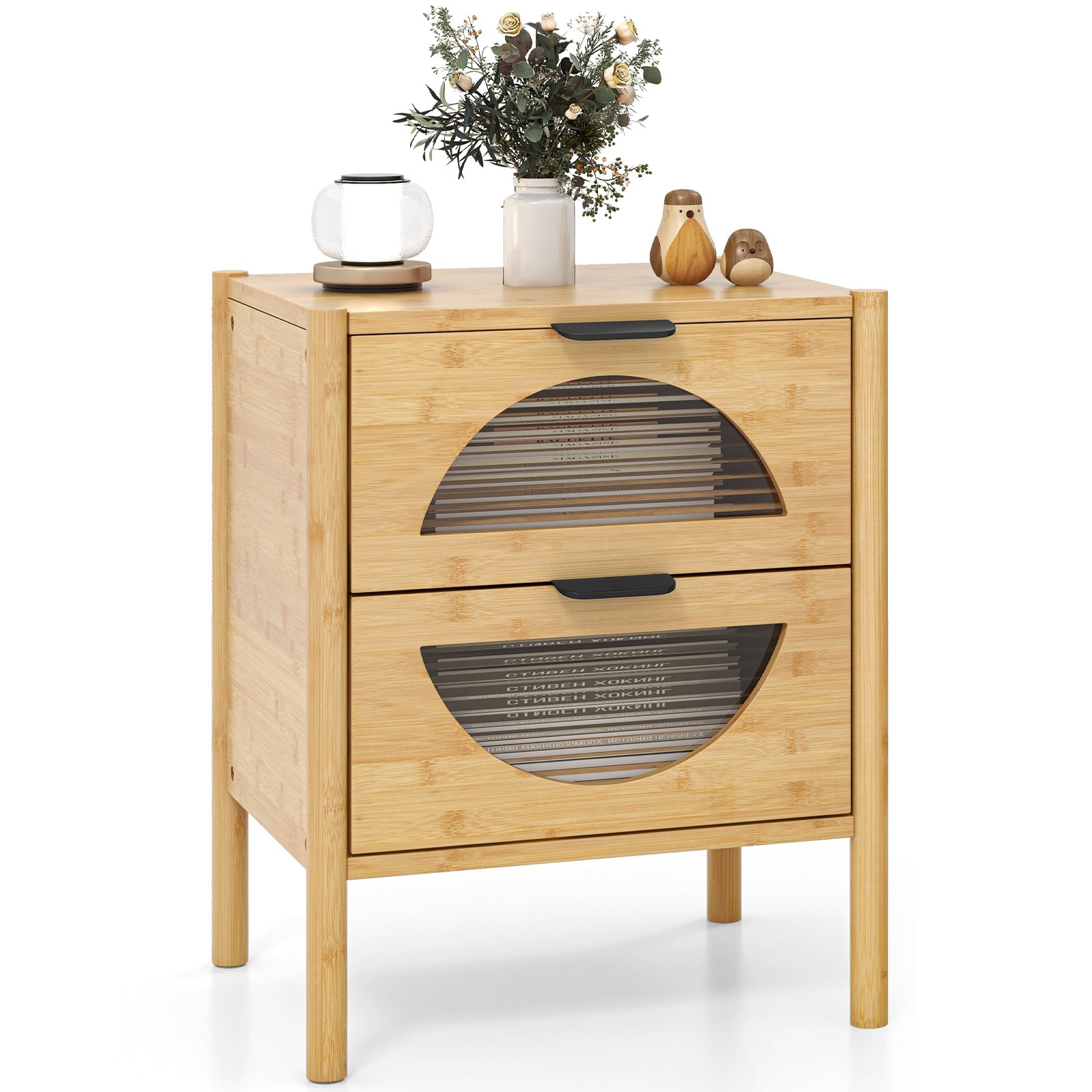 Bamboo Nightstand with 2 Storage Drawers and Reeded Tempered Glass Fronts, Natural Nightstands at Gallery Canada