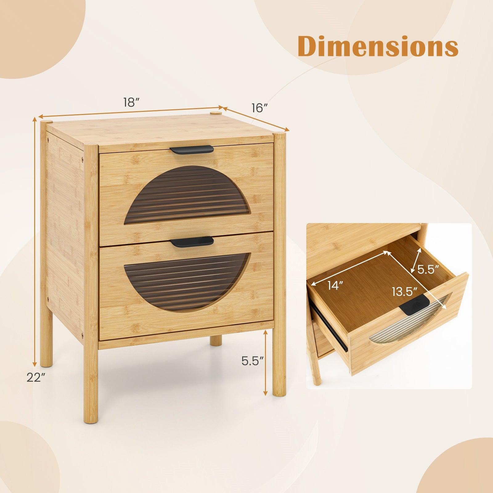 Bamboo Nightstand with 2 Storage Drawers and Reeded Tempered Glass Fronts, Natural Nightstands at Gallery Canada