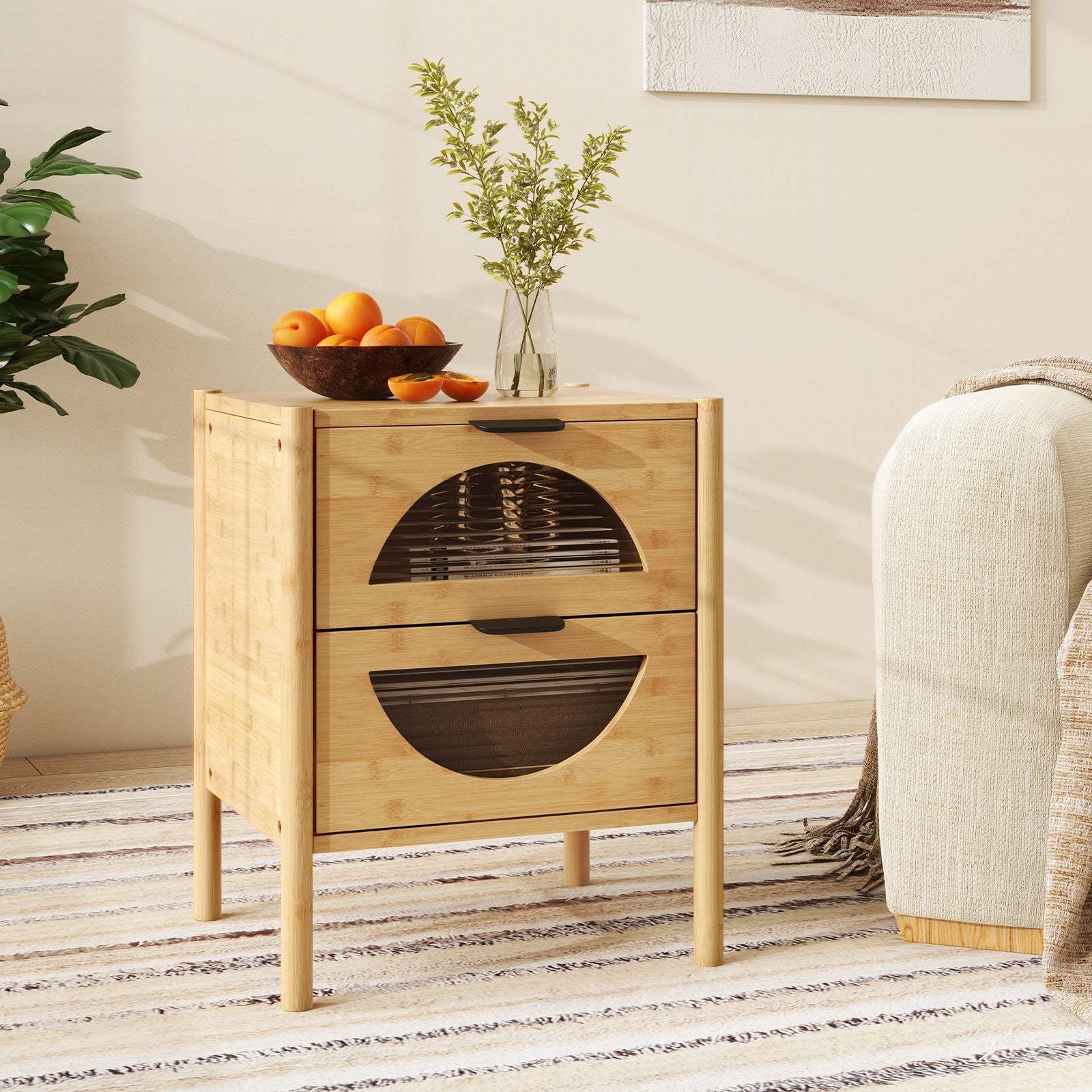 Bamboo Nightstand with 2 Storage Drawers and Reeded Tempered Glass Fronts, Natural Nightstands at Gallery Canada