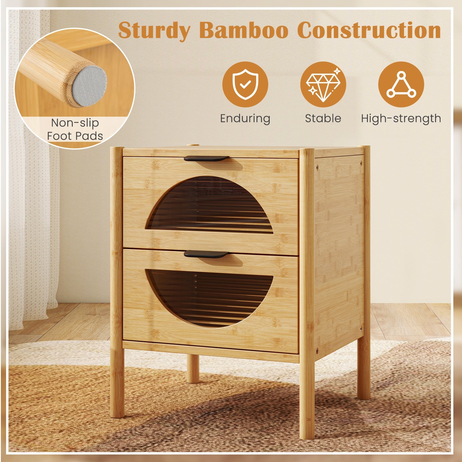 Bamboo Nightstand with 2 Storage Drawers and Reeded Tempered Glass Fronts, Natural Nightstands at Gallery Canada