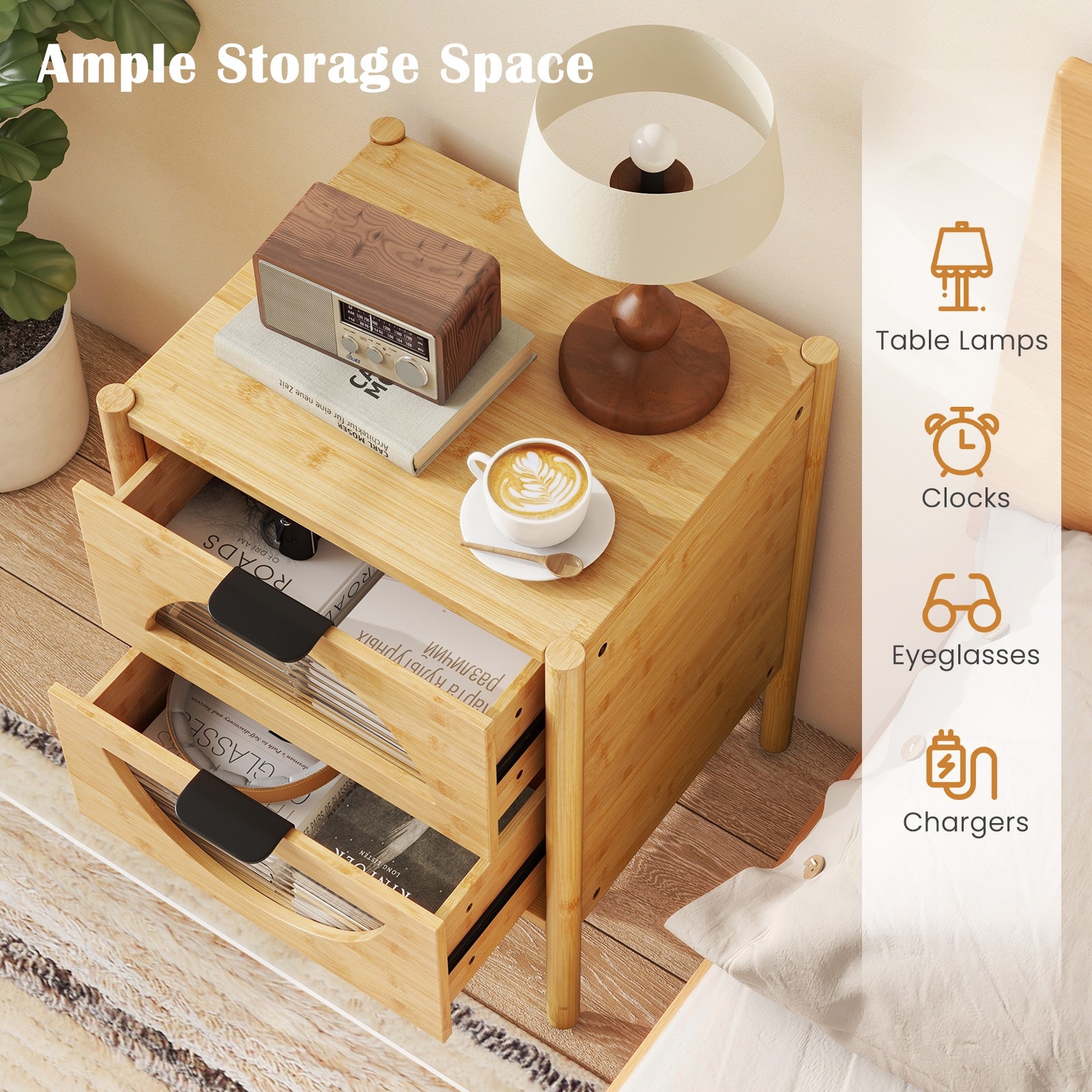 Bamboo Nightstand with 2 Storage Drawers and Reeded Tempered Glass Fronts, Natural Nightstands at Gallery Canada