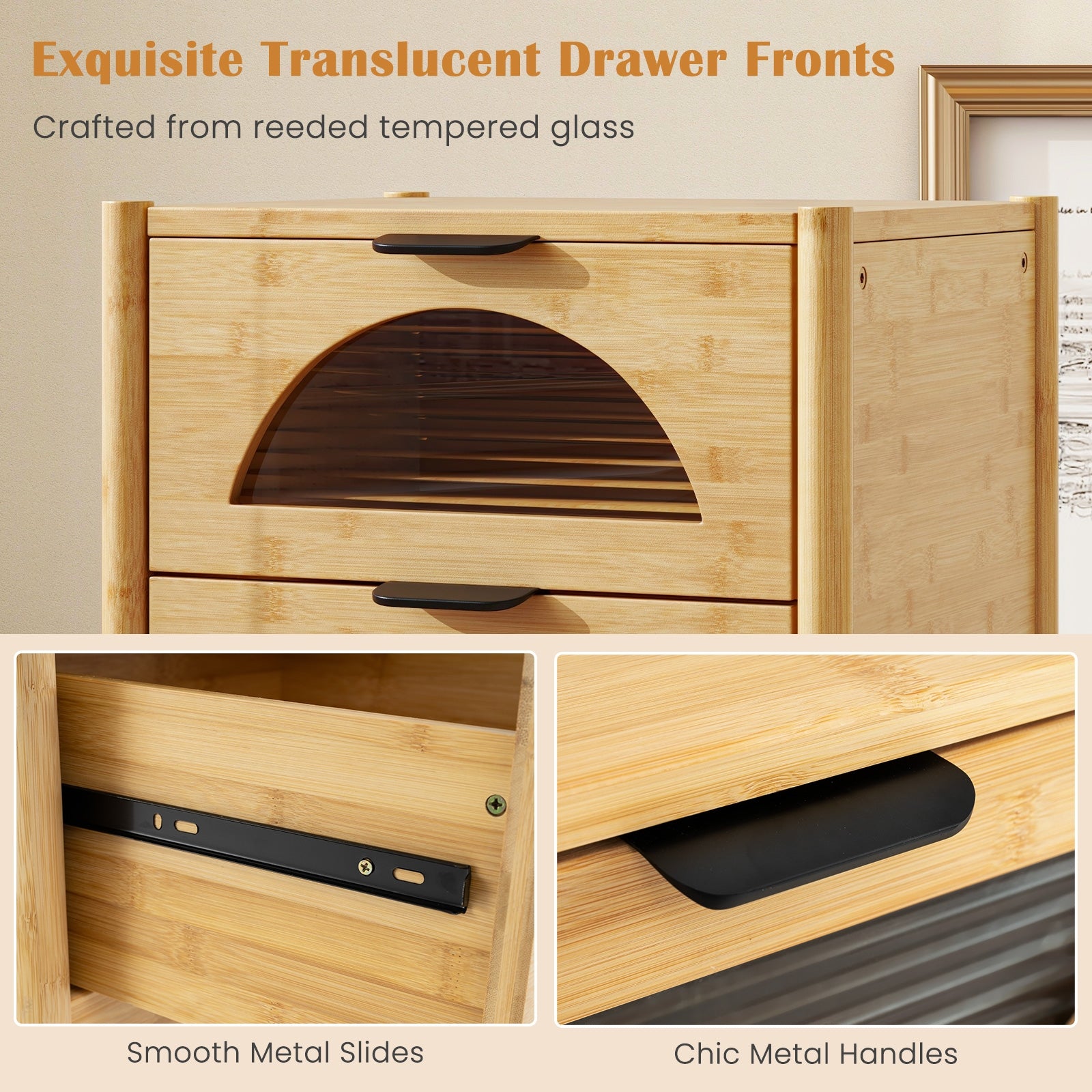 Bamboo Nightstand with 2 Storage Drawers and Reeded Tempered Glass Fronts, Natural Nightstands at Gallery Canada