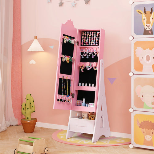 Kids Jewelry Cabinet with Full-Length Mirror and Foldable Drawer, Pink