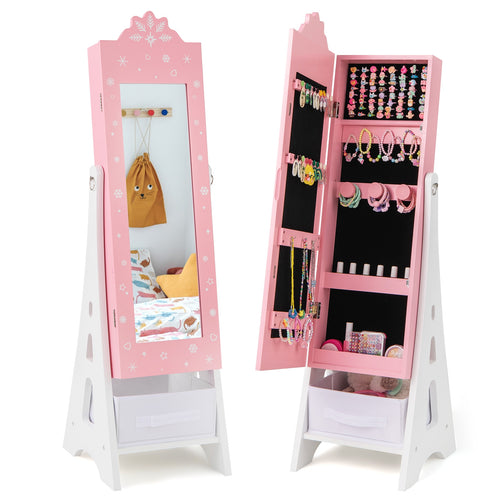 Kids Jewelry Cabinet with Full-Length Mirror and Foldable Drawer, Pink