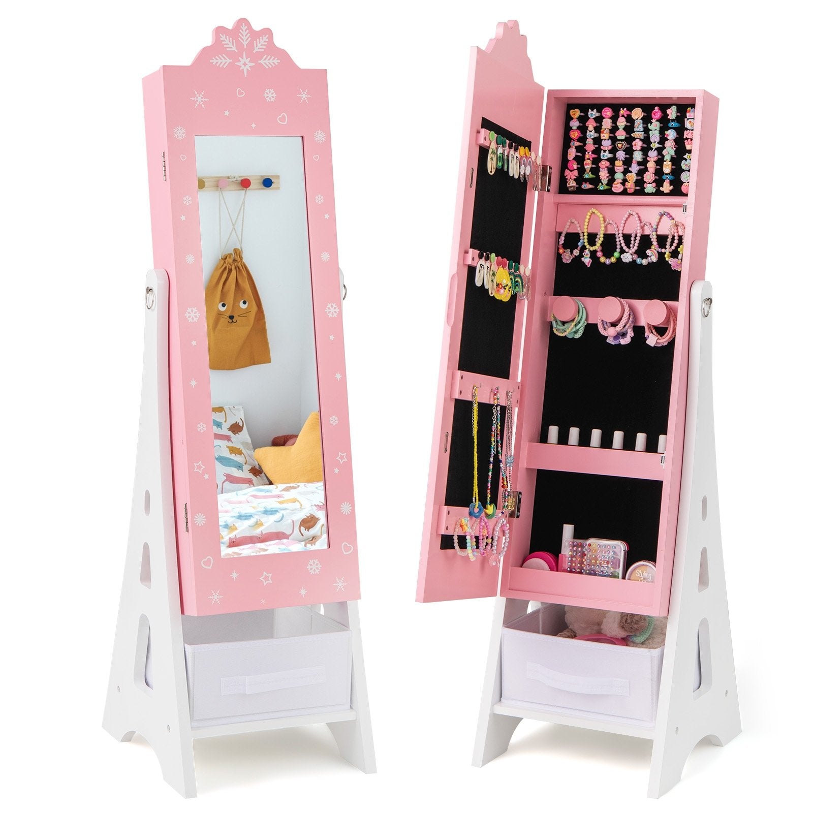 Kids Jewelry Cabinet with Full-Length Mirror and Foldable Drawer, Pink Kids Vanities Pink at Gallery Canada