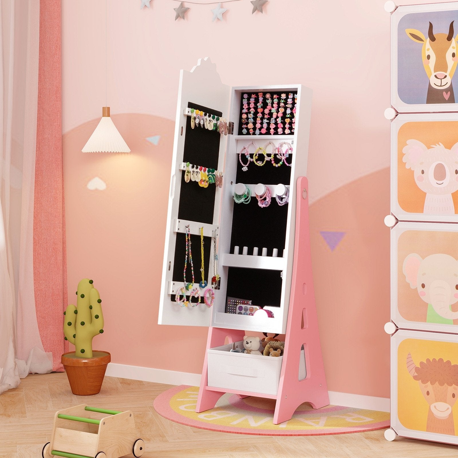 Kids Jewelry Cabinet with Full-Length Mirror and Foldable Drawer, White Kids Vanities   at Gallery Canada