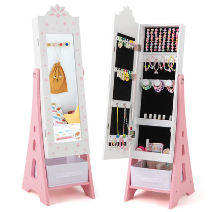 Kids Jewelry Cabinet with Full-Length Mirror and Foldable Drawer, White Kids Vanities White  at Gallery Canada