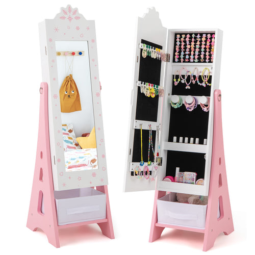 Kids Jewelry Cabinet with Full-Length Mirror and Foldable Drawer, White