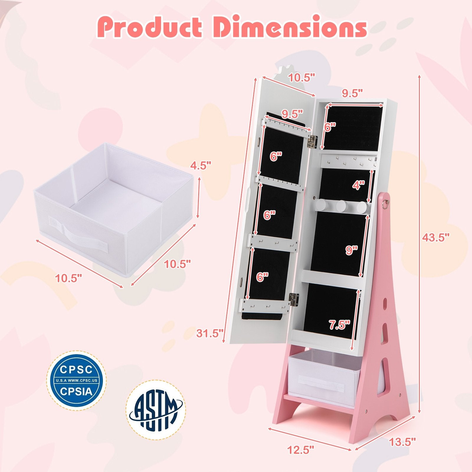 Kids Jewelry Cabinet with Full-Length Mirror and Foldable Drawer, White Kids Vanities   at Gallery Canada