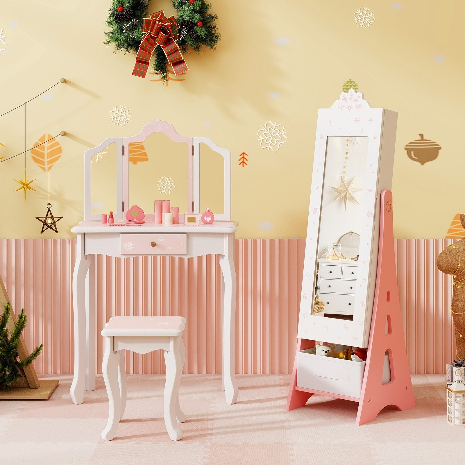 Kids Jewelry Cabinet with Full-Length Mirror and Foldable Drawer, White Kids Vanities   at Gallery Canada