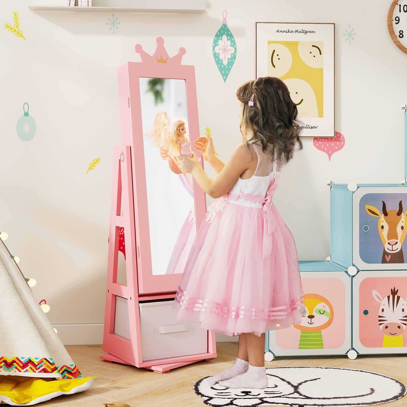 Kids Jewelry Armoire Cabinet with Large Storage Capacity and Swivel Base, Pink Kids Vanities   at Gallery Canada