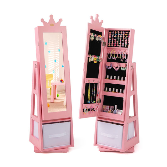 Kids Jewelry Armoire Cabinet with Large Storage Capacity and Swivel Base, Pink Kids Vanities Pink  at Gallery Canada