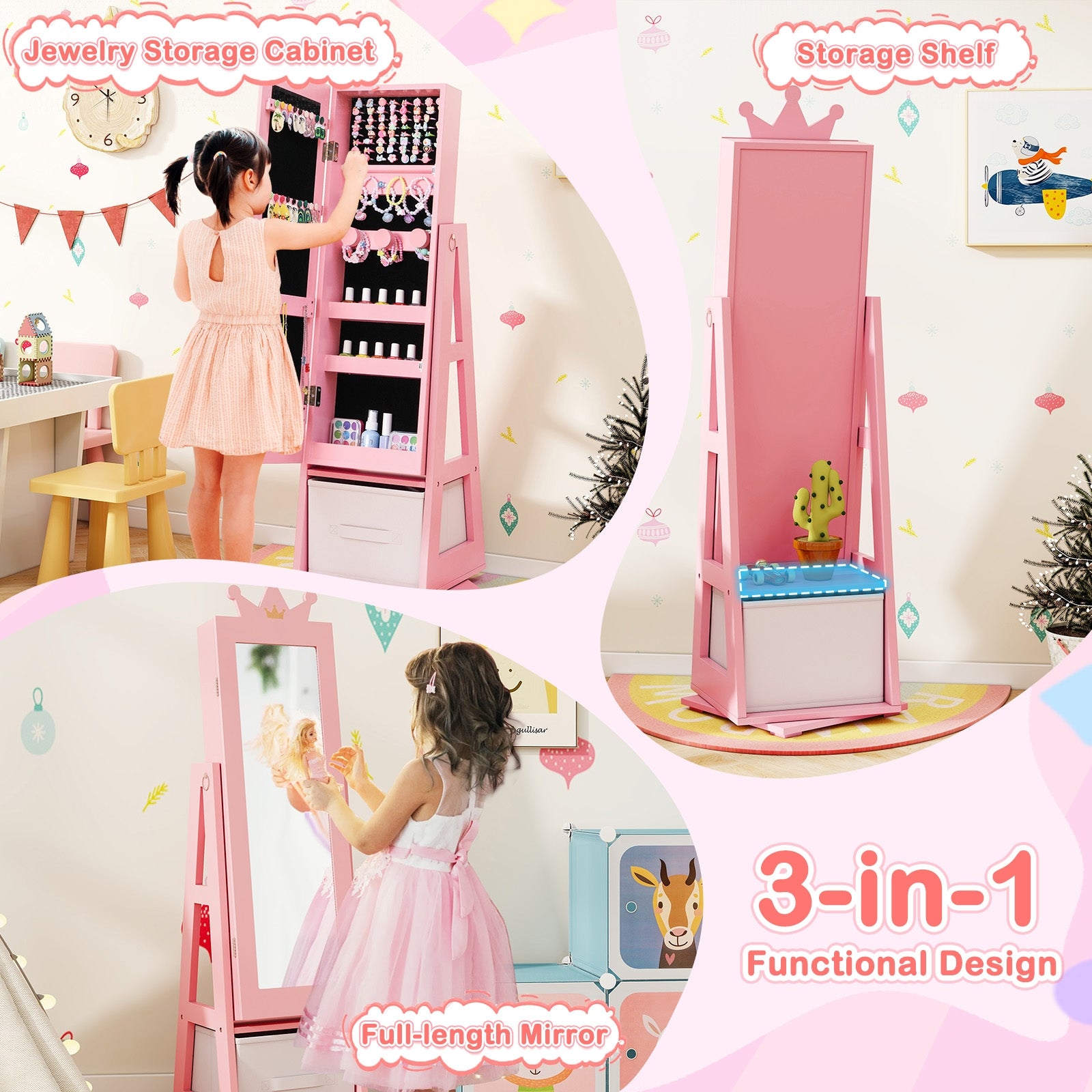 Kids Jewelry Armoire Cabinet with Large Storage Capacity and Swivel Base, Pink Kids Vanities   at Gallery Canada