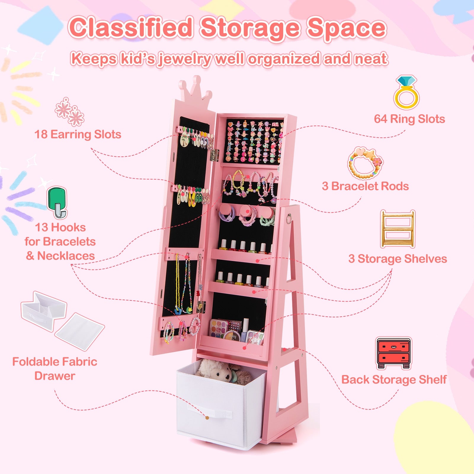 Kids Jewelry Armoire Cabinet with Large Storage Capacity and Swivel Base, Pink Kids Vanities   at Gallery Canada