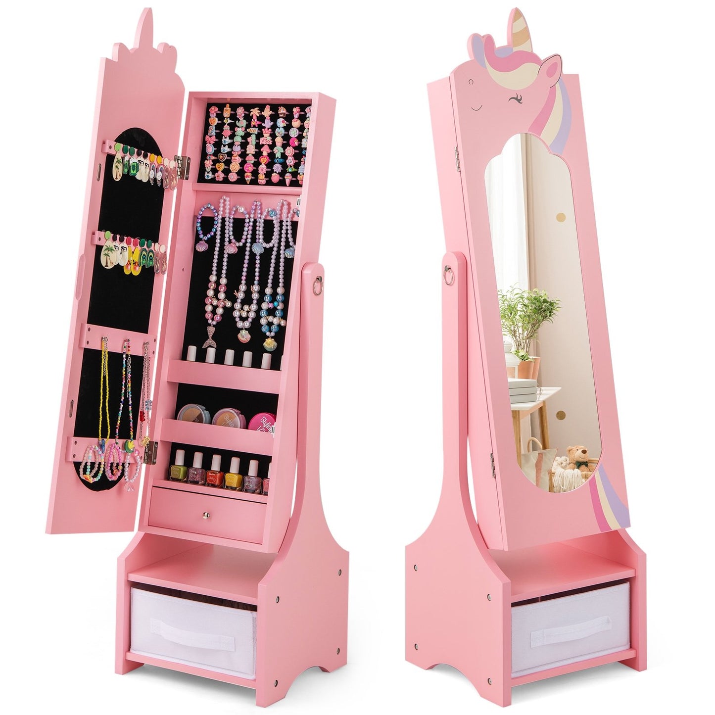 Kids Jewelry Armoire Cabinet with Storage and 2 Tilt Angles, Pink Kids Vanities Pink  at Gallery Canada