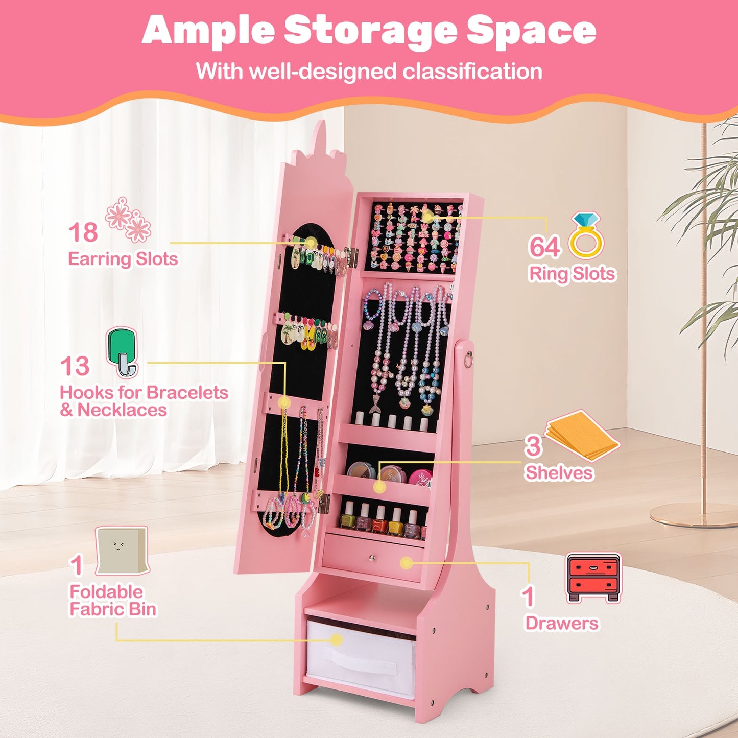 Kids Jewelry Armoire Cabinet with Storage and 2 Tilt Angles, Pink Kids Vanities   at Gallery Canada