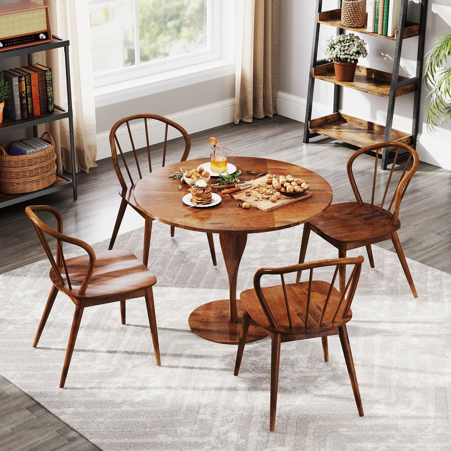 Wooden Dining Chair Set of 2 with High Spindle Back and Wide Seat, Walnut Dining Chairs   at Gallery Canada