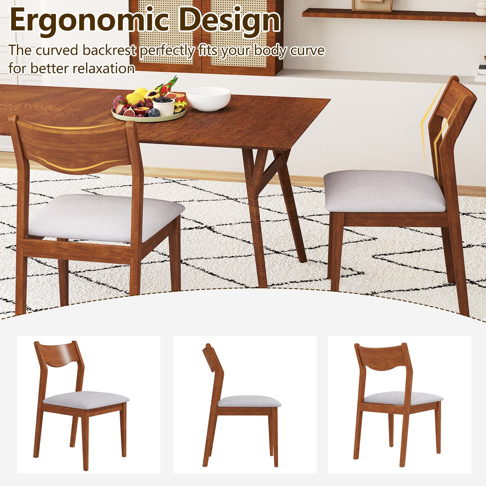 Wooden Dining Chair Set of 2 with Rubber Wood Frame and Wide Padded Seat, Walnut Dining Chairs   at Gallery Canada