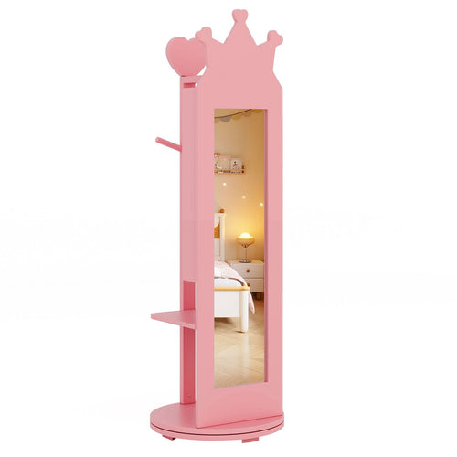 Free-Standing Full Length Mirror Kids Jewelry Armoire Cabinet, Pink