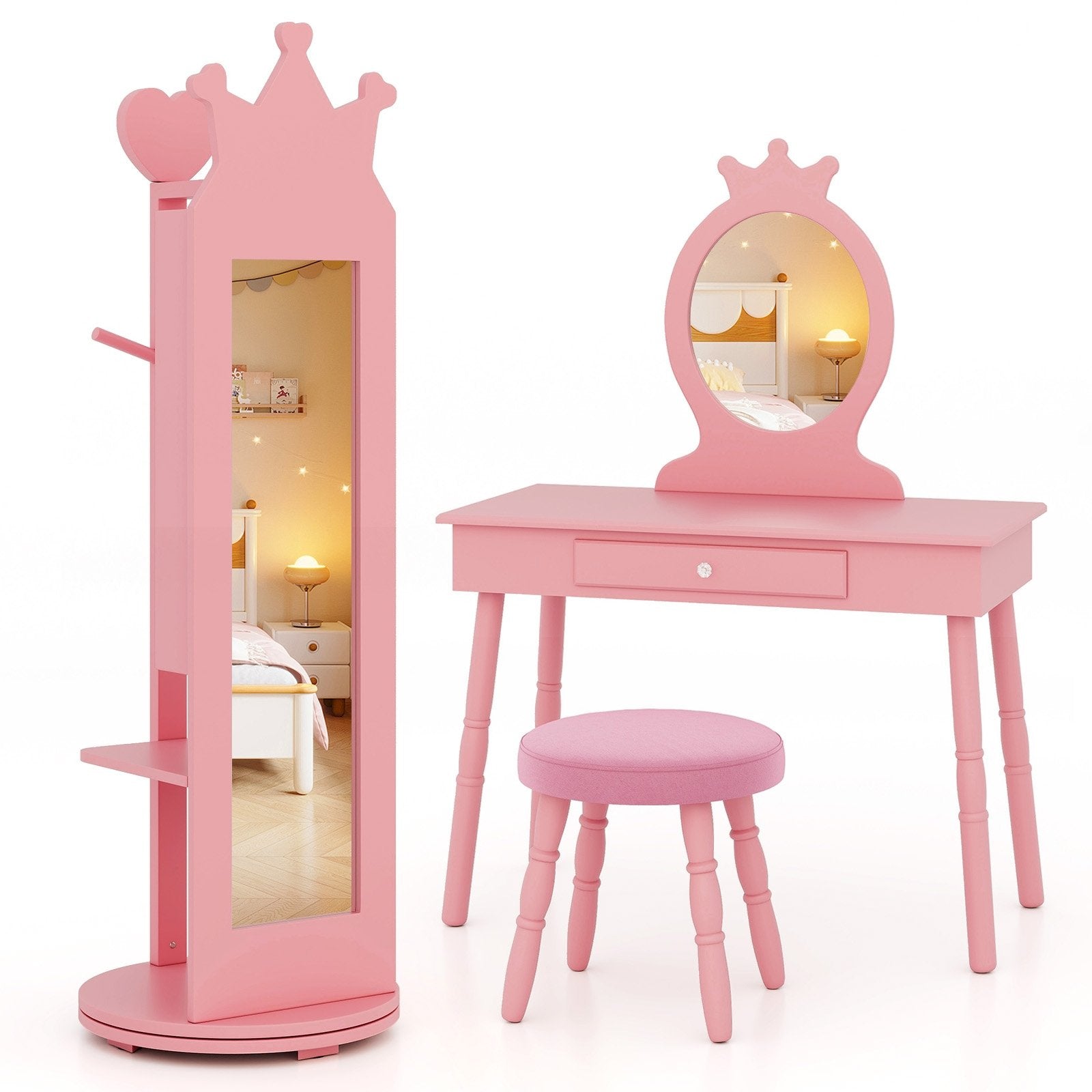 Free-Standing Full Length Mirror Kids Jewelry Armoire Cabinet, Pink Kids Vanities   at Gallery Canada