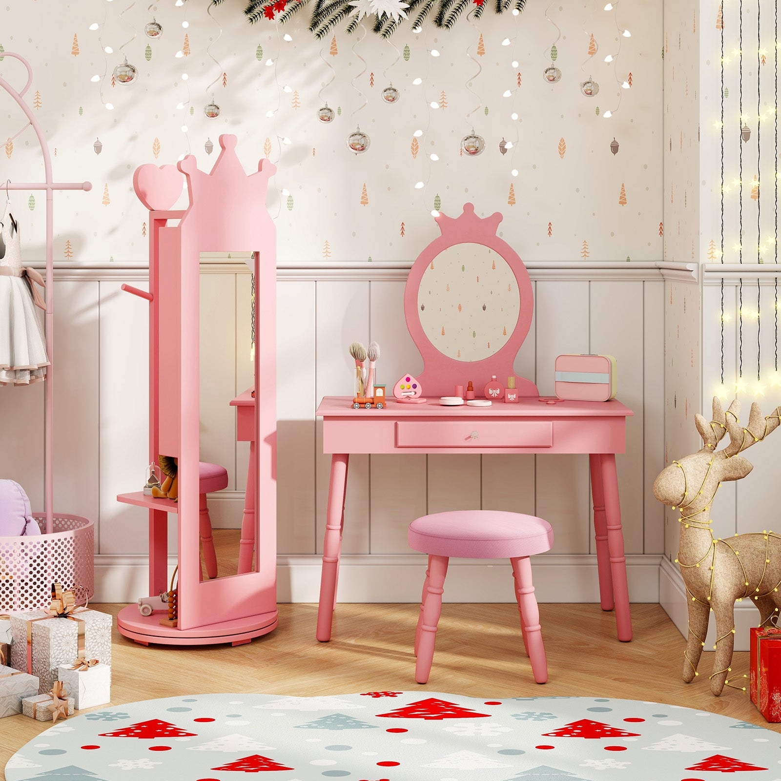 Free-Standing Full Length Mirror Kids Jewelry Armoire Cabinet, Pink Kids Vanities   at Gallery Canada