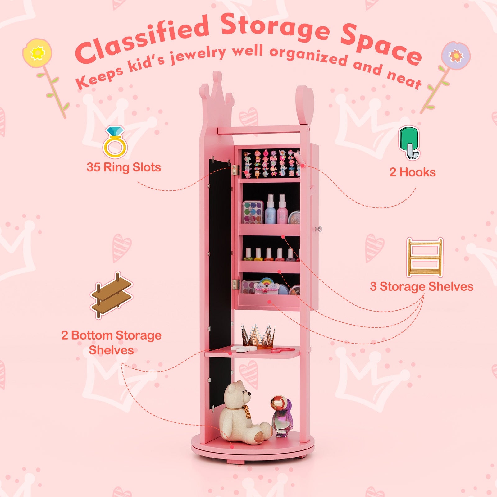 Free-Standing Full Length Mirror Kids Jewelry Armoire Cabinet, Pink Kids Vanities   at Gallery Canada