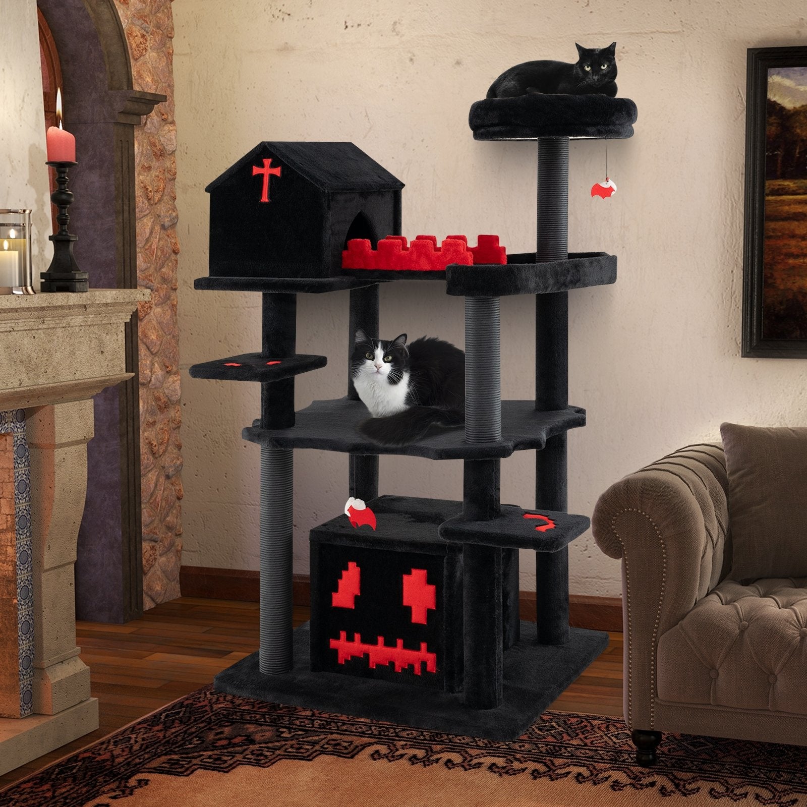 Gothic Cat Tree 49 Inch Tall Cat Tower 6-Tier Cat Activity Center with Coffin Bed, Black Cat Trees Condos & Scratchers   at Gallery Canada