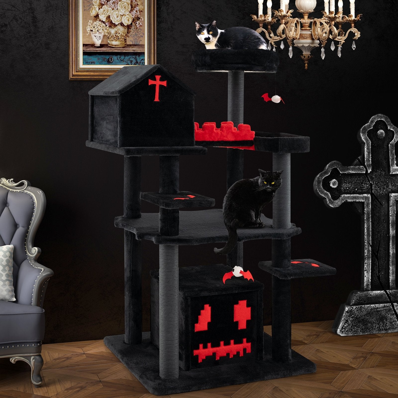 Gothic Cat Tree 49 Inch Tall Cat Tower 6-Tier Cat Activity Center with Coffin Bed, Black Cat Trees Condos & Scratchers   at Gallery Canada