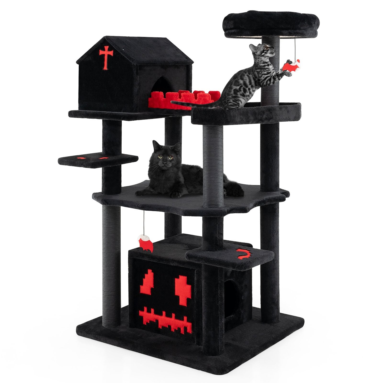 Gothic Cat Tree 49 Inch Tall Cat Tower 6-Tier Cat Activity Center with Coffin Bed, Black Cat Trees Condos & Scratchers Black  at Gallery Canada