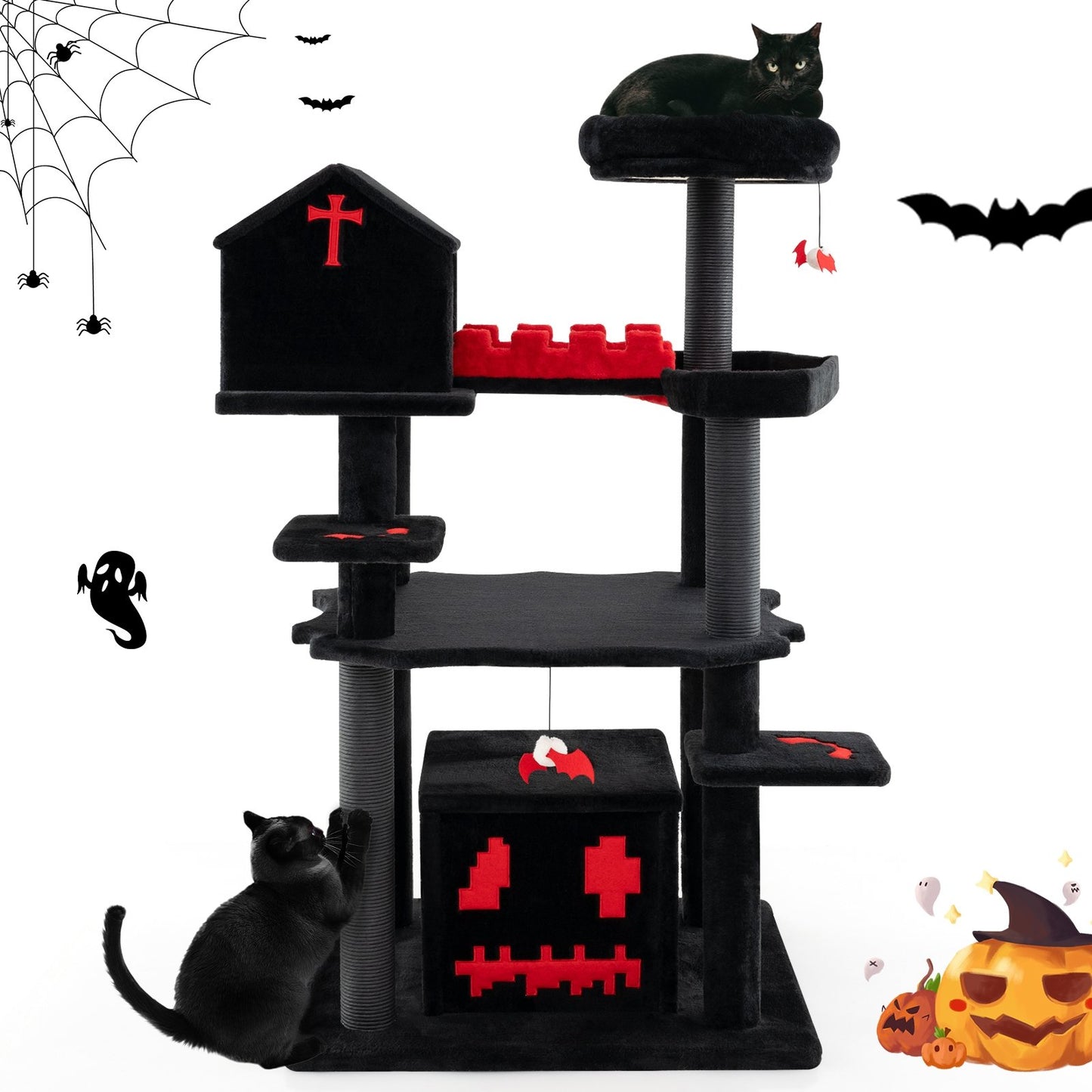 Gothic Cat Tree 49 Inch Tall Cat Tower 6-Tier Cat Activity Center with Coffin Bed, Black Cat Trees Condos & Scratchers   at Gallery Canada